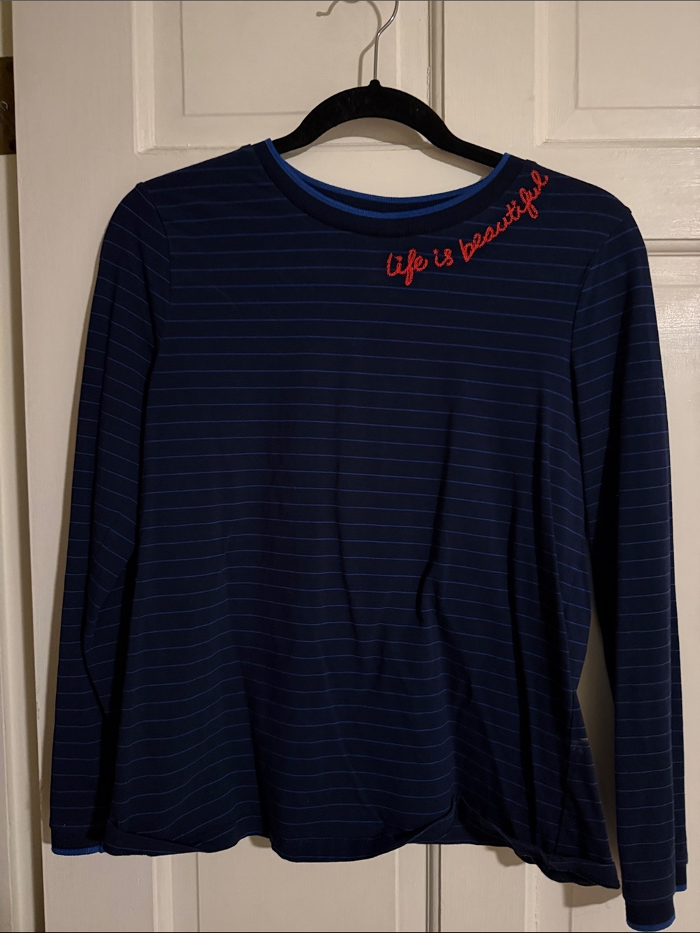 Anthropologie navy Striped Long Sleeve Tee with Red Script